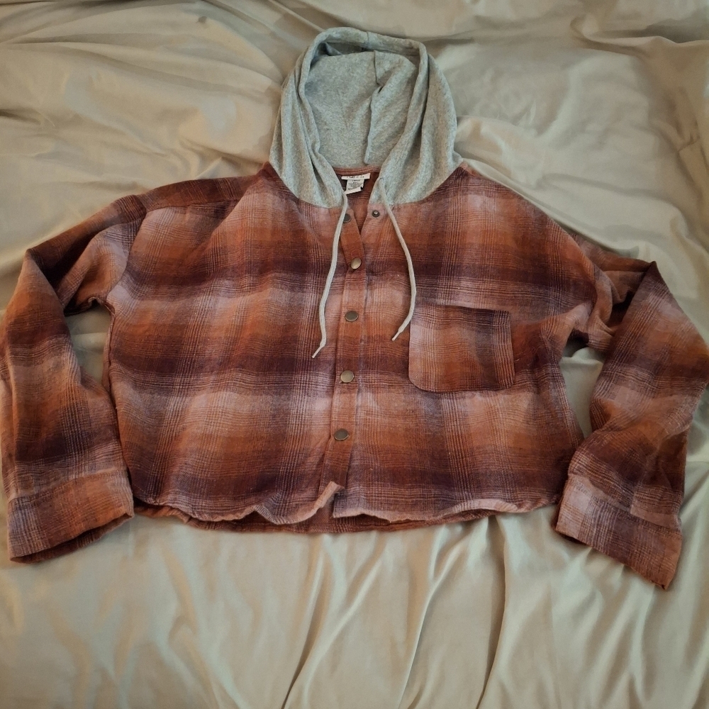Rue21 Women's Multicolor Plaid Cropped Shirt with Gray Hood - Picture 3 of 6